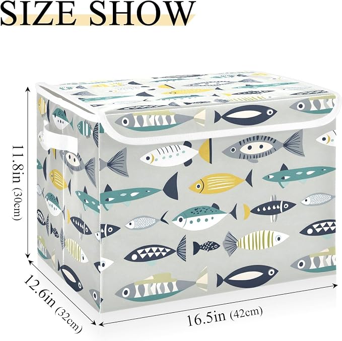 Storage Bins with Lid Fish Pattern Foldable Storage Boxes 40L Baskets | Decorative Storage Boxes, 300D Oxford Cloth, Hollow Board Frame, Flip Top Velcro Lid, 16.5x12.6x11.8 inch, Collapsible Design