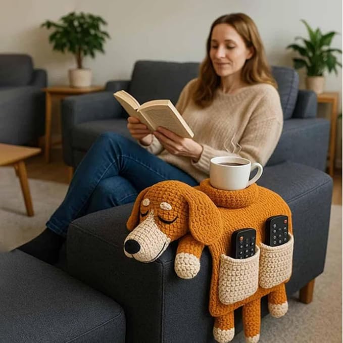 Crochet Sofa Armrest Organizer with Cup Holder, Cute Dog & Cat Shaped Couch Caddy, Anti-Slip Remote Control Holder for Recliner, Handmade Storage Pocket for Tablet, Gifts for Pet Lovers (Beige)