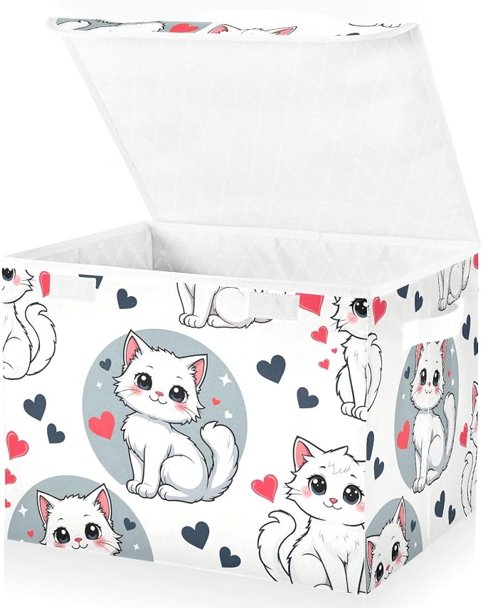 Cat Love Fabric Storage Bins with Lid Foldable Storage Boxes 40L Baskets | Foldable & Stackable, Flip Top Dust Guard, Reinforced Handles, Home & Bedroom, Clothes & Toys, Oxford Print Basket