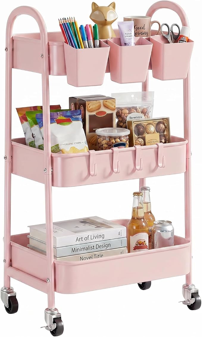 danpinera 3-Tier Rolling Cart, Utility Cart Mobile Metal Rolling Storage Cart with Lockable Wheels & Hanging Cups & Hooks for Kitchen, Bathroom, Office, Workshop, Pink