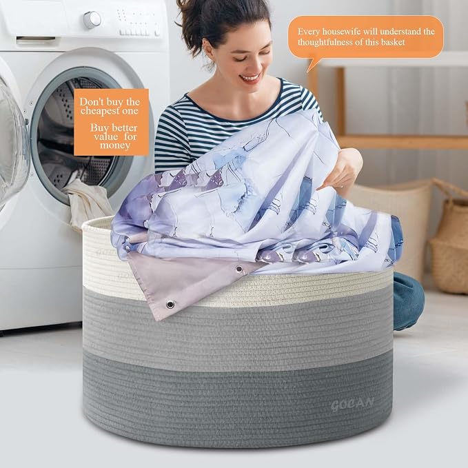 Cotton Rope Woven Laundry Basket 22"X 22"X 14" with handles(Mixed Grey)XXXL | Hand-woven, ideal for storing blankets and cushions in the living room, and clothes for household storage.
