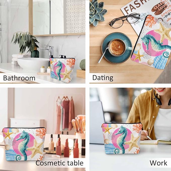 Makeup Bag Seahorse Makeup Bags For Purse Pouch, Sea Animal Coral Reef Seashell Seahorses Travel Toiletry Bag Cosmetic Bag Makeup Bags Flax Makeup Organizer Bag Pencil Pouch For Man Woman