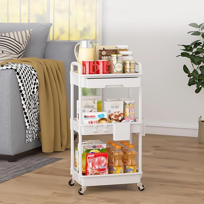 3 Tier Rolling Utility Cart with Drawer, Plastic Storage Organizer Rolling Carts with Wheels Handles Hanging Cups Hooks for Office, Bathroom, Kitchen,Craft Art Room (White)