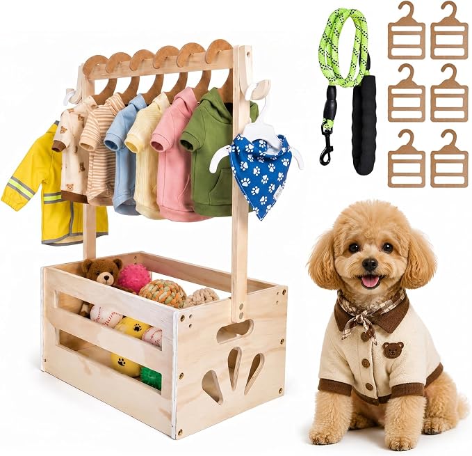 Dog Closet, Wooden Dog Clothes Closet with Hanging Rods and Leash | Pet Wardrobe Crate Box, Dog Clothing Rack, Pet Wardrobe Closet for Dog Cat Toys Clothes Organization Storage