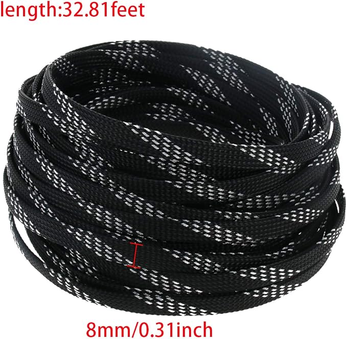 Heyiarbeit 10m/32.8ft PET Expandable Braided Sleeving 5/16-inch Width Flexible Wire Mesh Sleeve for USB Cable Power Cord Audio Video Cable - Protect Cat from Chewing Cords - Black Silver
