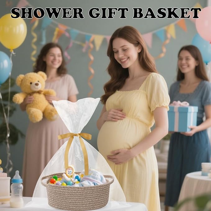 Woven Rope Basket,Baby Gift Basket with Bag & Ribbon, Mixed Brown | Cotton rope with handle, 12x8x5 in, gift bag and ribbon, for baby shower, birthday, toy storage, nursery, shelf decor