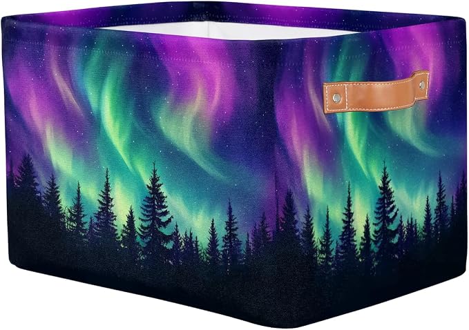 Storage Basket Northern Light Aurora Storage Cube Box Durable Canvas Collapsible Toy Basket Organizer Bin with Handles for Shelf Closet Bedroom Home Office