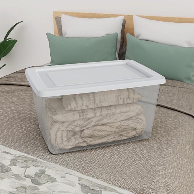 Sterilite Clear Storage Box Stackable Tote, 58 Quart, 18-Pack | Clear Plastic Container with Secure Snapping Lids for Home and Office Organization, White