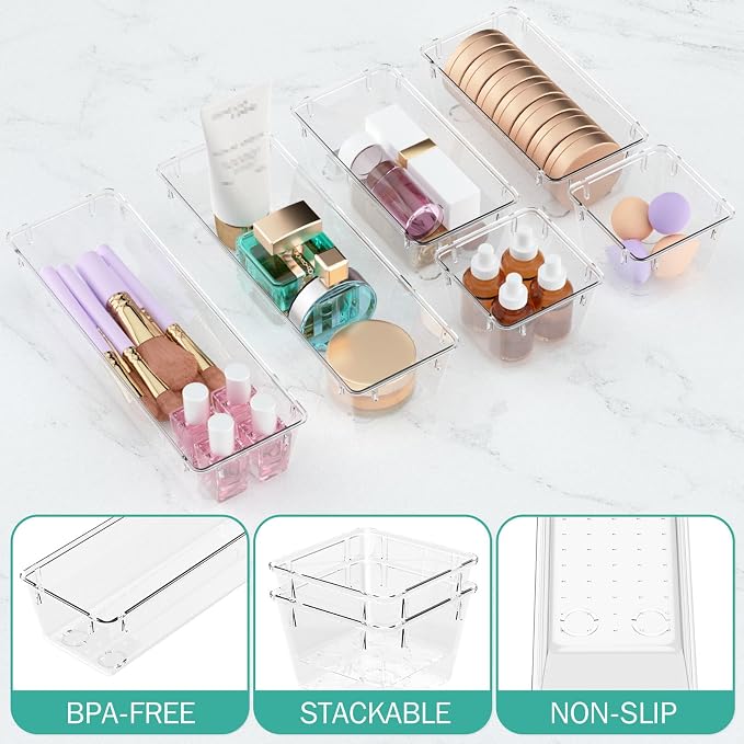 6 Pack Clear Drawer Organizer Set, Drawer Storage Trays, Storage Bins | Acrylic Drawer Storage Trays, Storage Bins for Makeup, Cosmetics, Jewelries, Utensils, Gadgets, Office