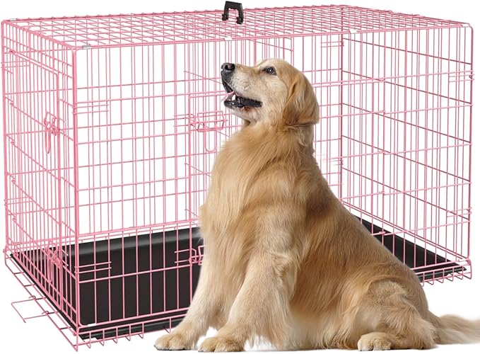 Heavy Duty Large Dog Crate, 48 Inch Dog Crates for Large Dogs, Metal Wire Folding Dog Cage with Removable Trays, Locks, Double-Door, Divider Panel, Handle, XXL Dog Crate Pet Crate (48 in, Pink)