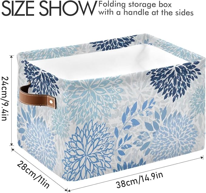 susiyo Large Foldable Storage Bin Blue Navy Chrysanthemum Flowers Fabric Storage Baskets Collapsible Decorative Baskets Organizing Basket Bin with PU Handles for Shelves Home Closet Bedroom-2Pack