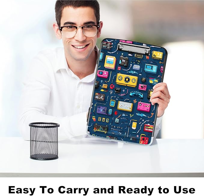 A4 Clipboard with Storage Pen Holder, Clipboards Organizer Nursing Clipboard Foldable File Folder Plastic Clipboard Folio Clip Board for Office Work Classroom Doctor, Retro Radio