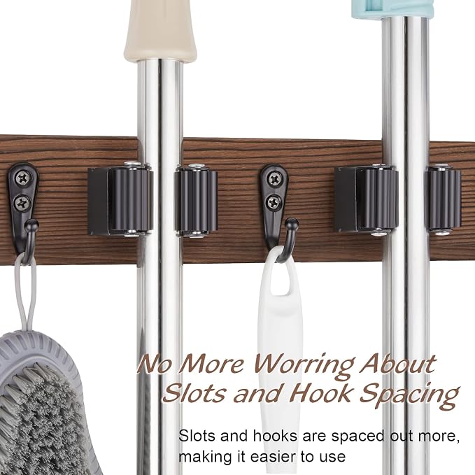 OUTNILI Mop Broom Holder Wall Mount with 3 Slots & 4 Hooks - Wood Broom Mop Hanger for Pantry Kitchen Organization - Garden Tool Organizer for Closet Laundry Room - for Rustic Farmhouse Kitchen Decor
