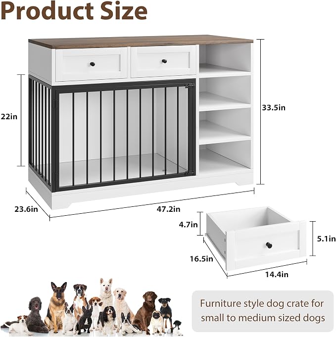 Wooden Dog Crate Furniture, Indoor Dog Kennel TV Stand with Storage, White | 2 Drawers and 4 Open Shelves, Multi-Functional Dog Kennel for Small, Medium and Large Dogs