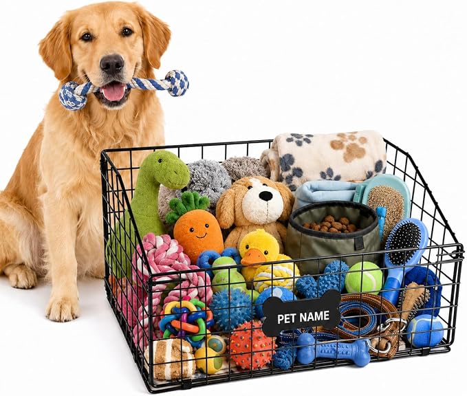 Geyecete Toy box for dogs large Dog Toy organizer Pet wire folding basket dog toy container dog toy box -Can be Personalized-Cat and Puppy-Black