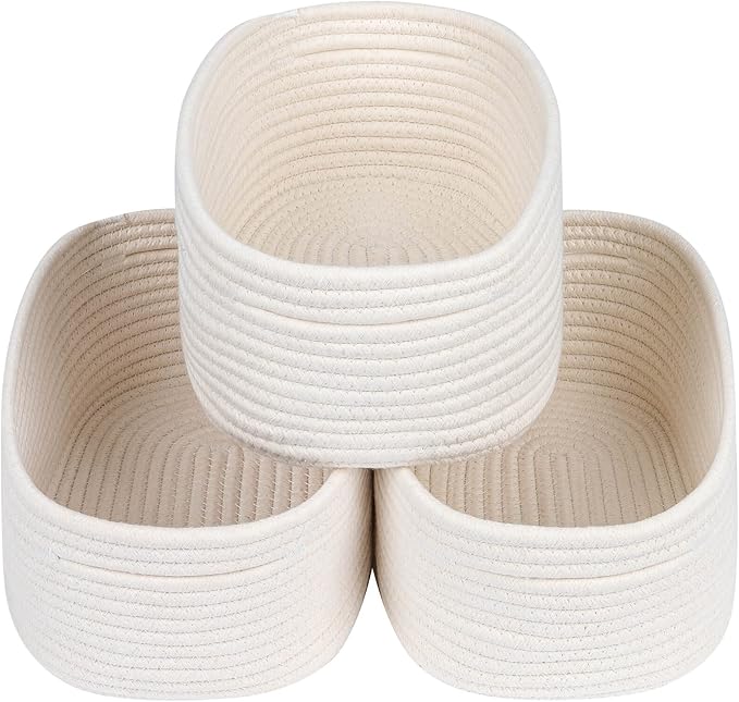 CubesLand Small Storage Baskets for Shelves, Closet Storage Bins | Empty Gift Basket Baby Nursery Woven Baskets for Organizing, Rectangular Clothes Closet Shelves Baskets 3 Packs Off White