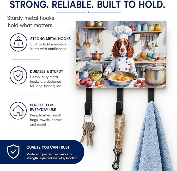 Caroline's Treasures Welsh Springer Spaniel The Chef Leash or Key Holder Wall Hooks, Key Hooks Holder, Coat Rack Wall Mount, Coat Hooks, Hooks for Hanging Keys, Towels, Aprons, Leashes | Welsh Springer Spaniel The Chef artwork on ceramic tile with thre...