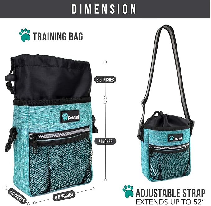 PetAmi Dog Treat Pouch | Dog Training Pouch Bag with Waist Shoulder Strap, Poop Bag Dispenser | Treat Training Bag for Treats, Kibbles, Pet Toys | 3 Ways to Wear (Turquoise) | No bowl included