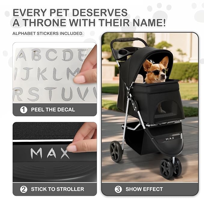 MoNiBloom Pet Stroller for Small/Medium Dogs and Cats up to 33 lbs, Black | Foldable Dog Stroller 3 Wheels Pet Strolling Cart w/ Storage Basket Cup Holder, Breathable and Visible Mesh for All-Season