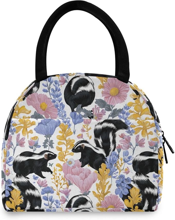 Lunch Bag Pink Flower Pets Skunks Insulated Lunch Box Cooler Lunch Container Organizer Reusable Lunch Tote Bags for Work Travel Outdoor