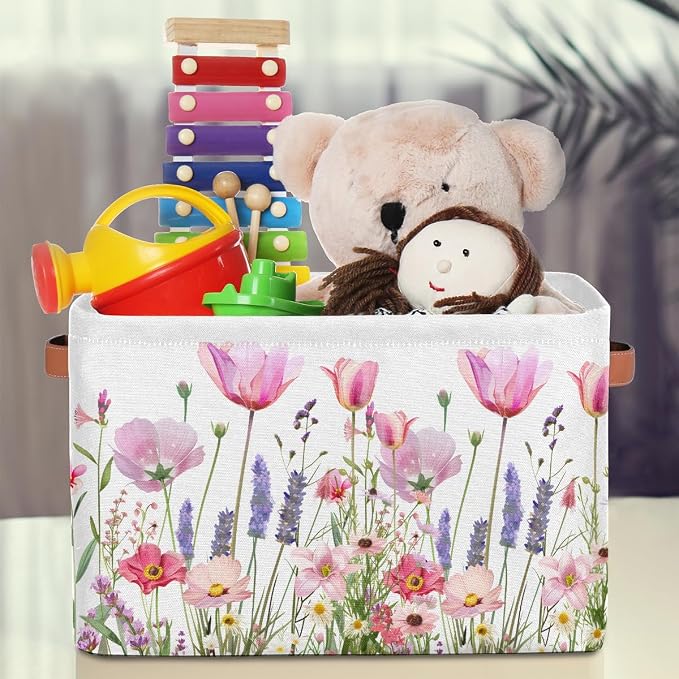 Pardick Basket Storage Bins Flower Floral Pink Rectangle Cube Basket Box Kids Girls Boys Toys Organizer Beaket Decor Foldable with Handle for Living Room Bedroom Closet Nursery Office Shelf Gifts