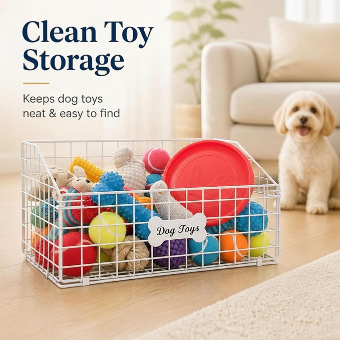 Geyecete Toy Box for Dogs Large Dog Toy Organizer Pet Wire Folding Basket Dog Toy Container Dog Toy Box-Chew-Proof Dog Food Toy Storage-White