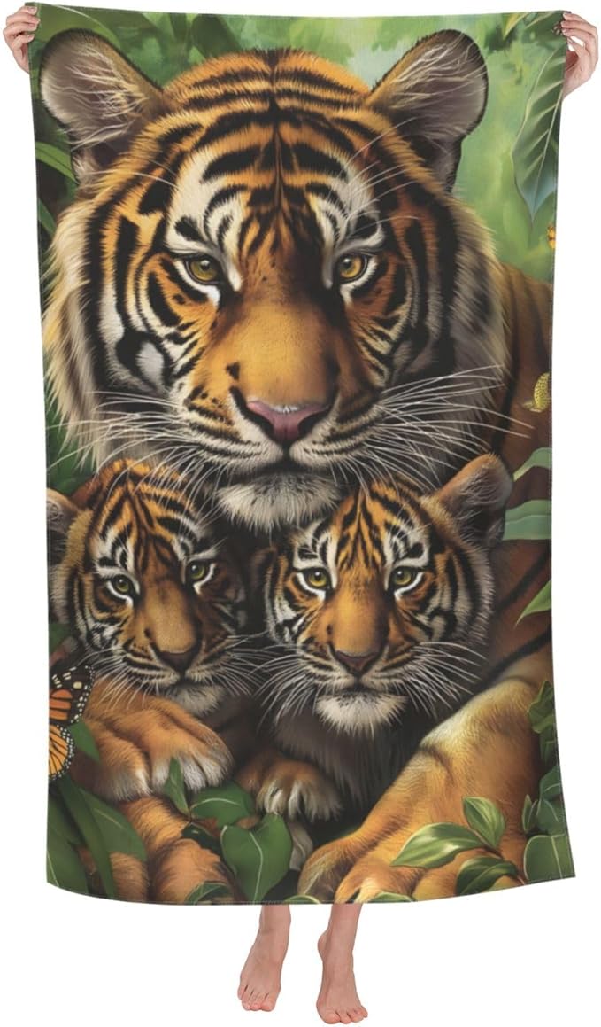 Tiger Family Beach Towel 31inx51in, Wildlife Sand-Free Microfiber Bath Towel Ultra Soft Quick Dry Pool Towel Absorbent Towel Lightweight Towel for Swimming Bathroom Decor