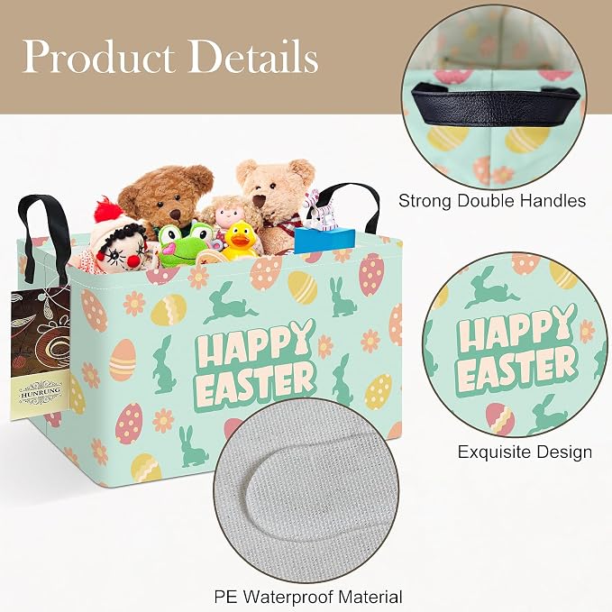 Rectangle Canvas Foldable Storage Basket for Nursery, Green Easter Egg | Portable and collapsible cloth receptacle. Stores pet essentials, daily use items. Folds flat when not in use