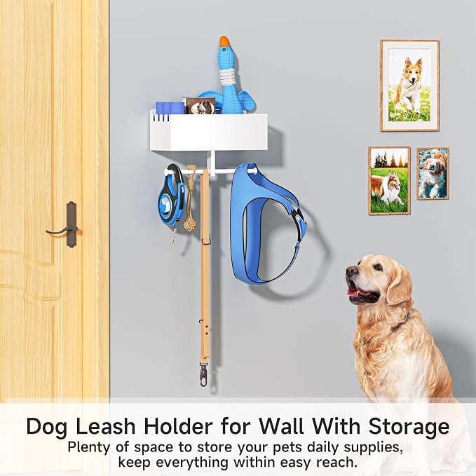 Dog Leash Holder for Wall, Dog Leash Hooks, Pet Stuff Organizer with Shelf Storage, Metal Key Holder, Leash Hangers Organizer Rack for Pet Collar, Toys, Treats, Poop Bag (White)