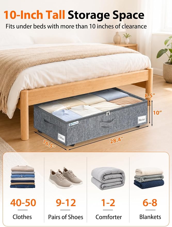 punemi 10 inch Tall 75L Under Bed Storage Bins with Wheels, 2-Pack, Gray | 5-Wheel Rolling Organizers with Clear Lids, for Clothes, Shoes and Blankets, Underbed, Closet & Dorm Organizataion