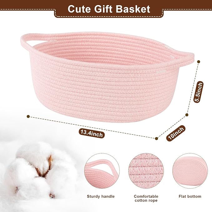 OIAHOMY Gift Basket with Handle, 13.4"x 10"x 5.5" Woven Basket with Gift Bag, Ribbon and Wrap Tissue Paper, Nursery Bins Empty to Fill with Towels, Baby, Pet Toy Organizer - Pink