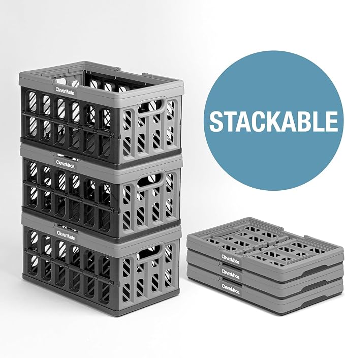 CleverMade Eco Collapsible Shopping Basket with Handles, 24L Stone, 3 Pack | Keep Groceries Upright in the Car | Rigid Walls Carry 25 lb Each, Stack Securely, and Fold to 2.25 Inches for Storage