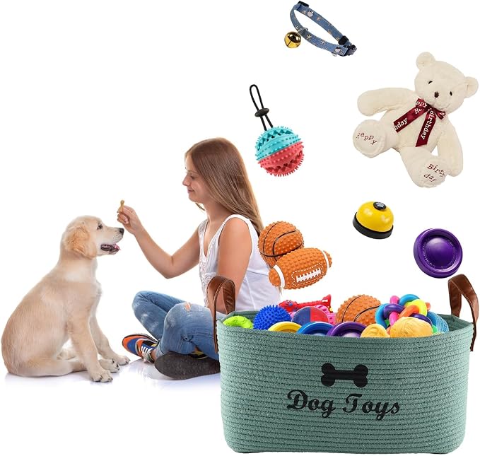 Large Dog Toy Basket, 100% Cotton Rope Dog Toy Storage Bin-Green | Dog Toy Box for Livingroom Area with Handle for organizing Pet toys,Blankets,Leashes,Pee Mats and Diapers-16.5"x10.6"x 7.5"