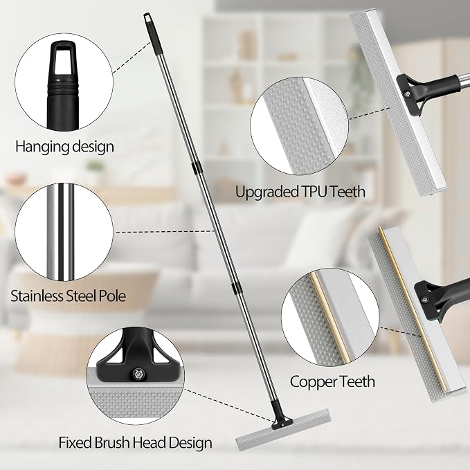 Carpet Rake for Pet Hair Removal Tool,Reusable Hair Remover Broom | Dual-Action Carpet Brush, 2 in 1 TPU and Copper Rake Teeth, 54" Adjustable Long Handle, Dog Cat Fur Broom for Rugs Mats Floor