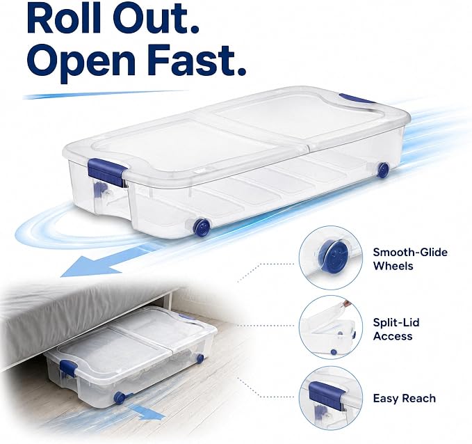 66 Qt Under Bed Storage Container, Wheeled Clear Latching Lid(2-Pack) | High capacity plastic, smooth gliding rollers, space saving clothing linens organizer, dorm wardrobe accessory