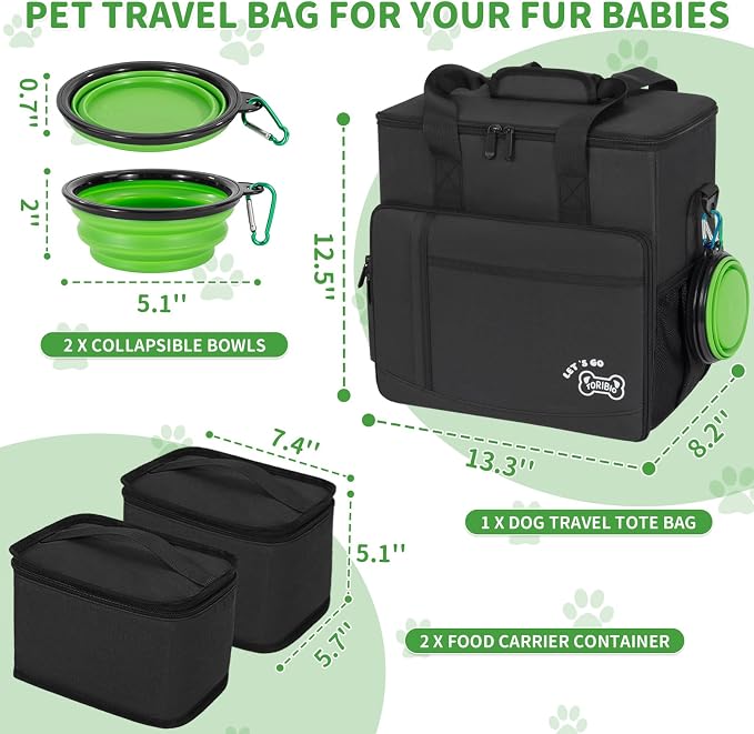 TORIBIO Large Dog Travel Bag for Supplies with Food Bowl | With 2 Food Container and Collapsible Bowls, Mat & Divider, Water-resistant, Pet Travel Kit for Weekend, Road Trips, Camping