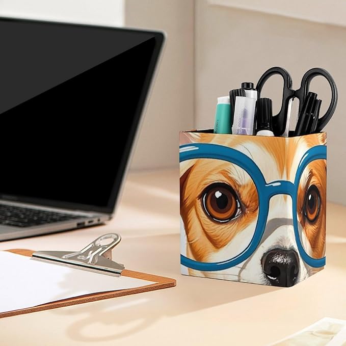 Pet Dog Soft Bow Tie, Oversized Glasses Leather Pen Holder, Square Pencil Box for Office