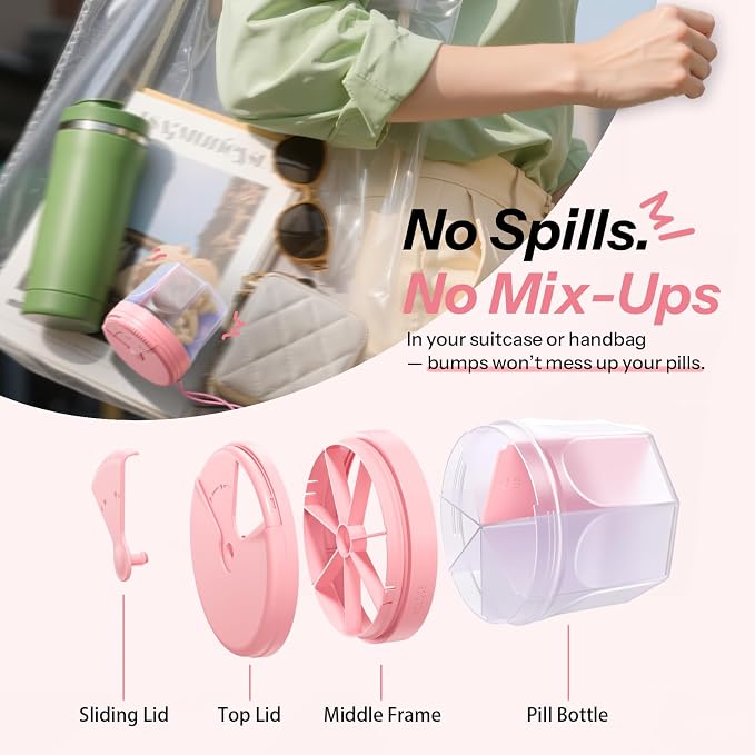 Pill Organizer with 7 Large Compartments,XL Cute Travel Pill Box BPA-Free | Anti Mixing, Large DIY Compartments for Vitamins and Fish Oil, Portable Monthly Pill Box with Labeled and Lanyards, Pink