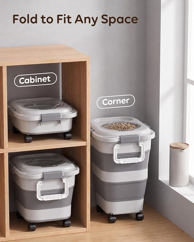 Collapsible Dog Food Container for 10-25 lbs, Airtight Storage Bin | Magnetic Clear Lid with Scoop & Wheels, Space-Saving Design for Dog & Cat Kibble, Rice, Flour,Grey