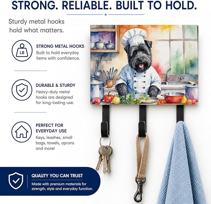 Caroline's Treasures Bouvier des Flandres The Chef Leash or Key Holder Wall Hooks, Key Hooks Holder, Coat Rack Wall Mount, Coat Hooks, Hooks for Hanging Keys, Towels, Aprons, Leashes | Bouvier des Flandres The Chef artwork on ceramic tile with three st...