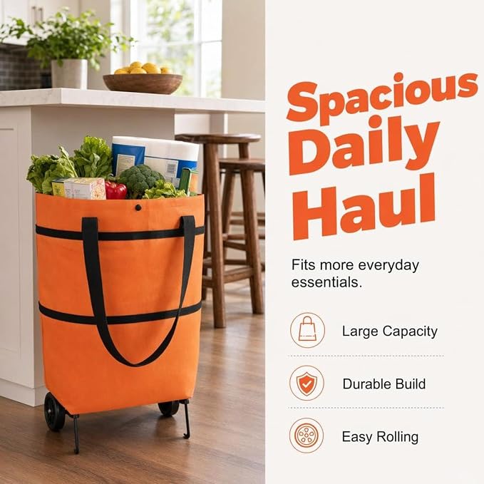 2-in-1 Foldable Shopping Cart - Rolling Utility Trolley | Groce | Wheeled Portable Design, Easy Fold Storage, Lightweight Sturdy Frame, Versatile Market Helper, Smooth Rolling Caster Wheels,