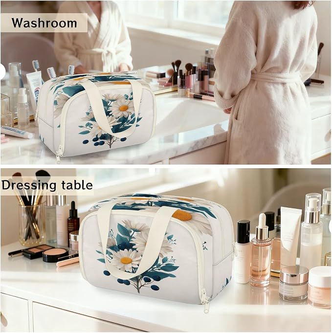 Daisy Flower Travel Toiletry Bag for Women | Vintage Lightweight Waterproof Makeup Cosmetic Bag Large Tote Organizer for Traveling, Toiletries, Accessories