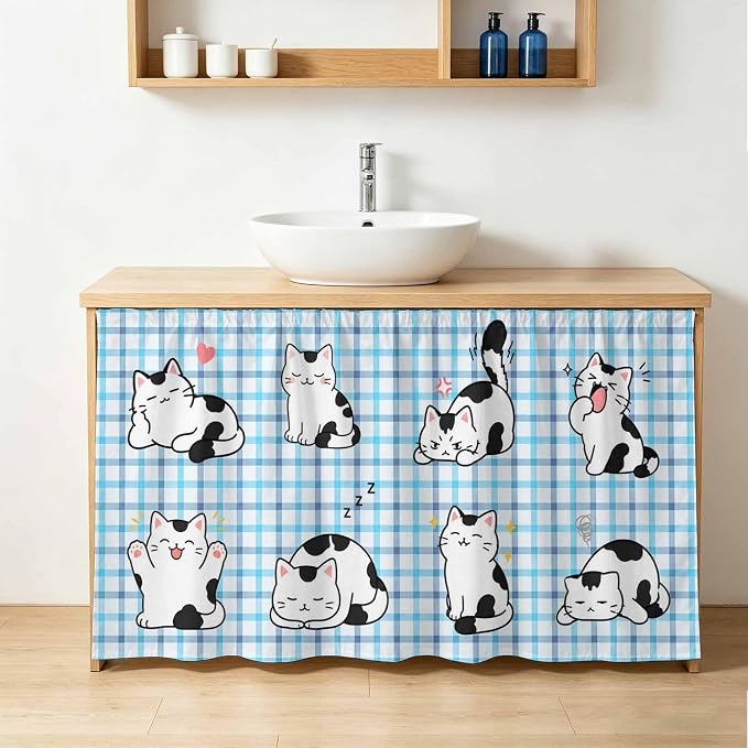 Cute Cat Sink Skirt for Bathroom, Self-Adhesive Under Sink Curtain, Modern Playful Pet Cats Blue Purple Plaid Hide Pipes & Storage Fabric Cabinet Skirt Cover for Kitchen Laundry 32"x55"