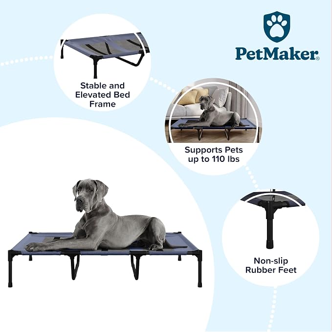Elevated Dog Bed - 48x35.5-Inch Portable Pet Bed with Non-Slip Feet - Indoor/Outdoor Dog Cot or Puppy Bed for Pets up to 110lbs by PETMAKER (Blue)