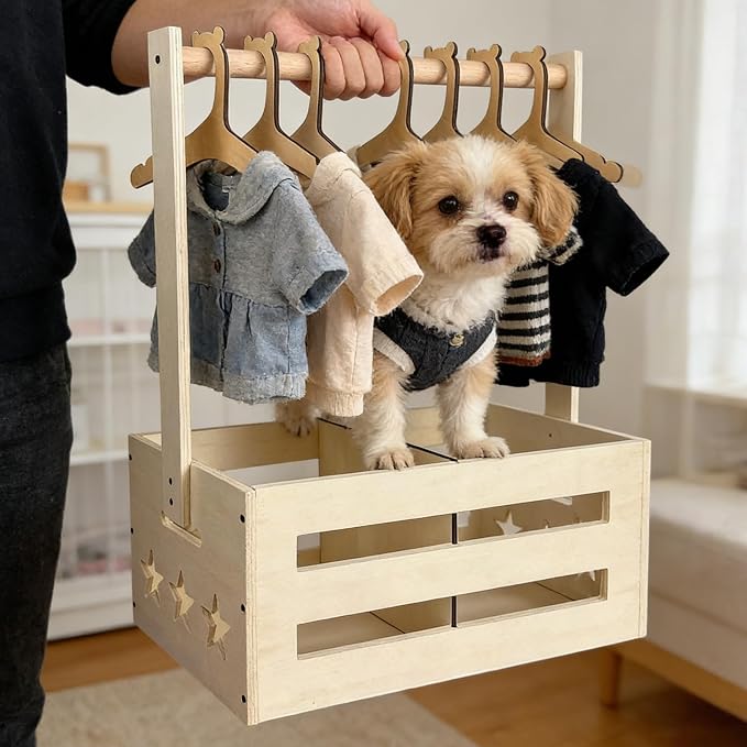Wooden Pet Wardrobe Closet with 8 Clothes Hangers, Dog Storage Organizer with Clothes Rack, Cat Toy Accessories Storage Bin, Cat Wardrobe with Handle, Easy to Assemble