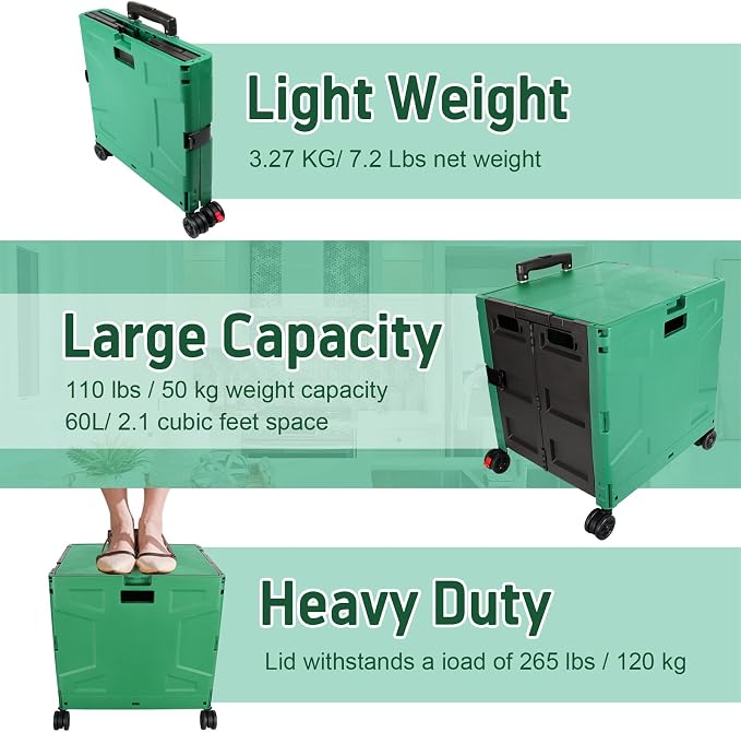 FELICON Folding Utility Cart Rolling Crate Handcart Basket-Dark Green+Black | Collapsible Hidden Lid,Plastic Box,Telescoping Handle,4 Rotate Wheels for Travel Shop Move Grocery Laundry Office Teacher Use