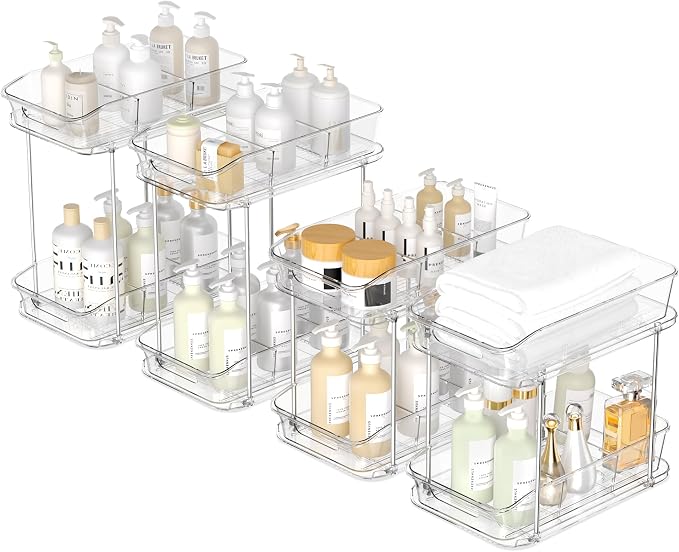 incostar 2 Tier Pull-Out Storage Organizer for Bathroom and Kitchen, Under Sink Organizer with Dividers, Ideal for Organizing Cupboard,Bathroom Vanities,Cabinet, Slide-Out Clear Storage, 4 Pack