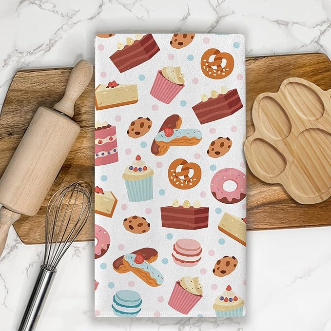 Life is Short Eat Your Dessert First Kitchen Dish Towels Set of 2, Sweet Cupcake Donut Cookie Macaron Drying Hand Towel Baking Cooking Cloth, Colorful Polka Dots Home Decor 18'' x 26''