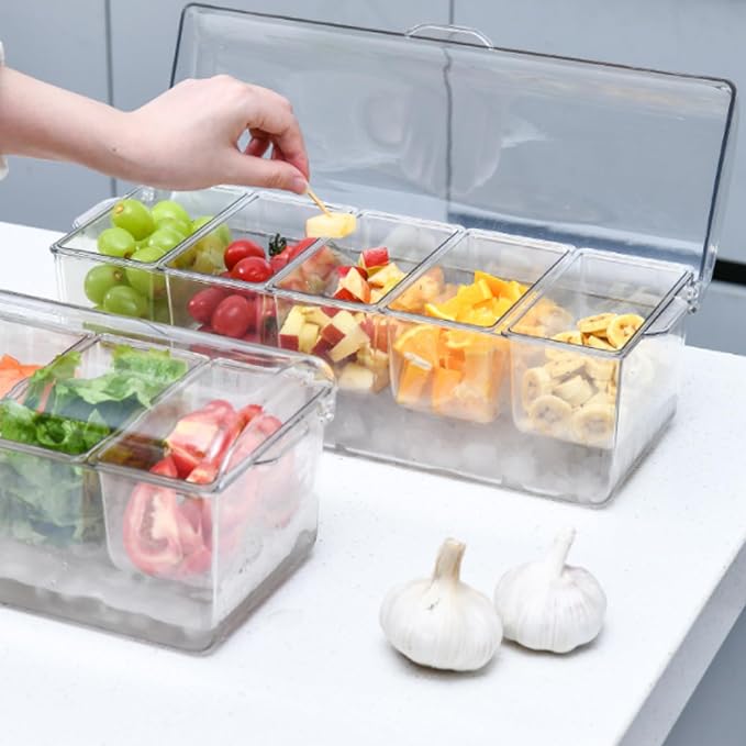 Gcroet Chilled Condiment Server with Lid 5 Compartment Condiment Tray with Ice Chamber and Handle Food Grade PET Transparent Caddy for Bar Party ...
