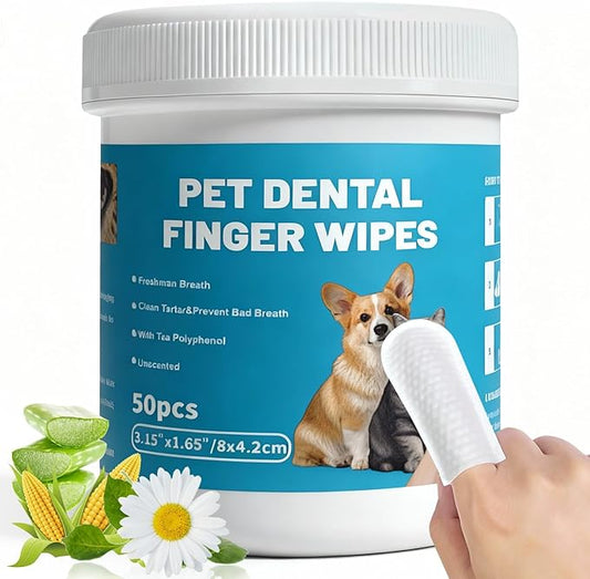 Pet Teeth Cleaning Finger Wipes for Cats and Dogs, Unscented Tartar Control with Tea Polyphenol, Fresh Breath, 50 Count